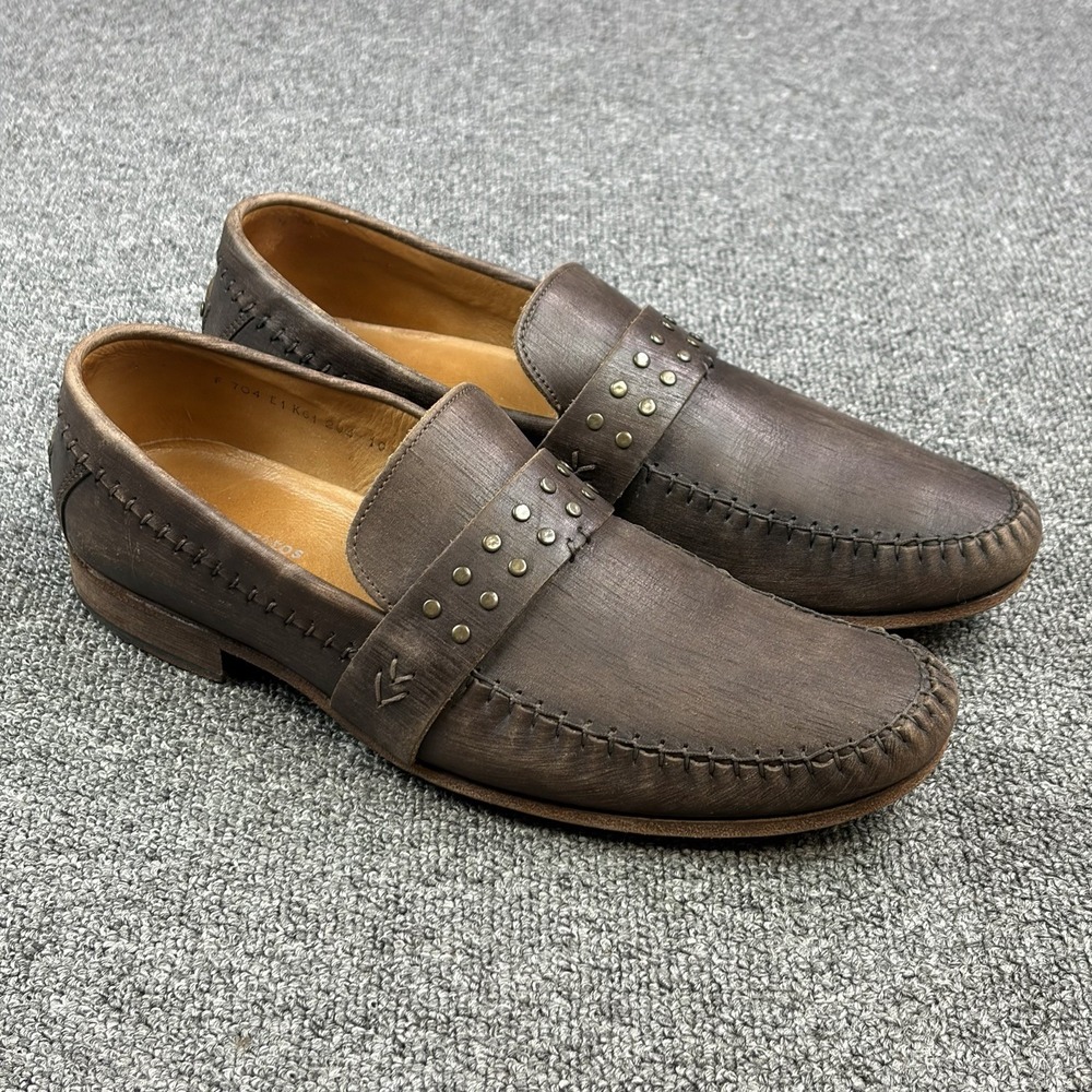 John Varvatos Studded Penny Loafers Men 10 Brown Distress Leather Moc Toe Italy